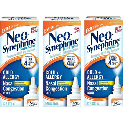 Neo-Synephrine Extra Strength Nasal Spray front view of the packaging for fast nasal allergy relief.