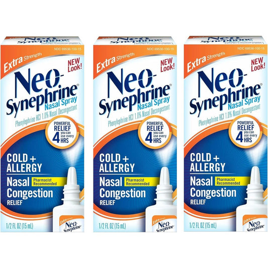 Neo-Synephrine Extra Strength Nasal Spray front view of the packaging for fast nasal allergy relief.