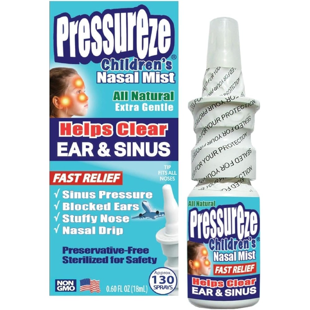 Pressureze Childrens All Natural Sterile Nasal Spray front view bottle for fast sinus relief