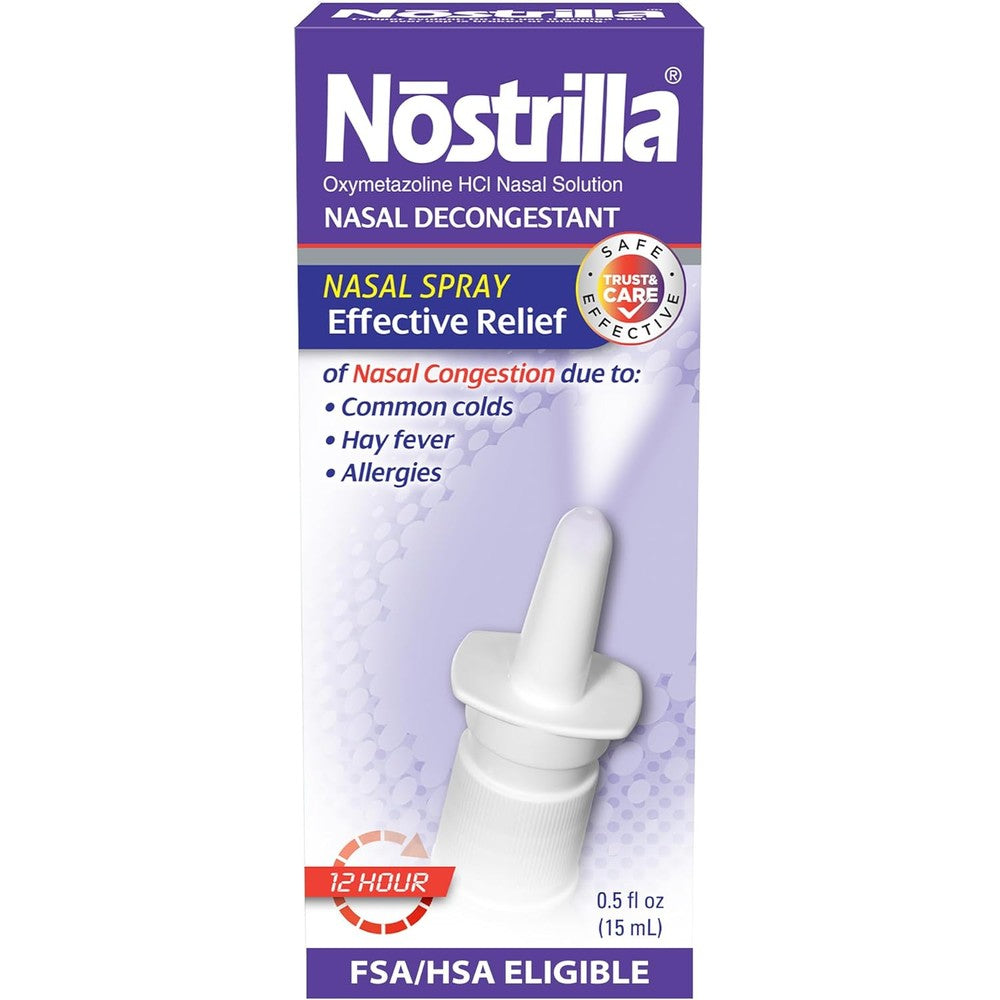 Nostrilla Nasal Decongestant front packaging view showing 12 hour relief formula for blocked nose