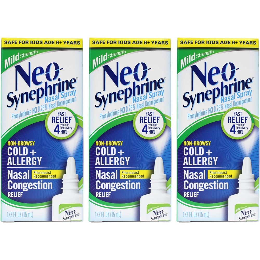 Neo-Synephrine Nasal Spray Mild Formula front view pack of three for allergy relief