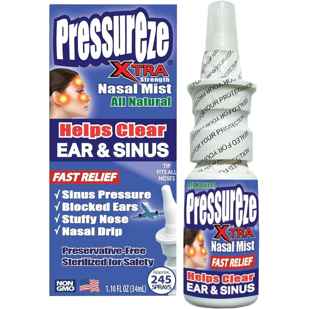 Pressureze Xtra natural sterile nasal spray front view packaging for sinus relief