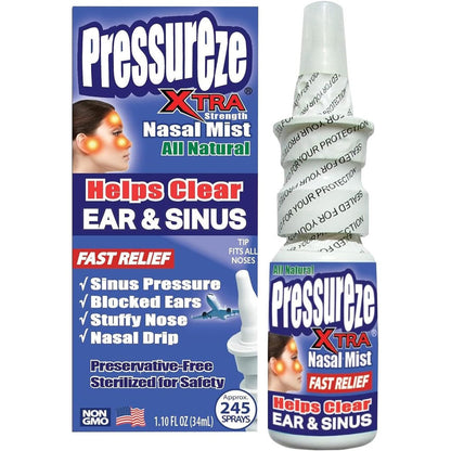 Pressureze Xtra natural sterile nasal spray front view packaging for sinus relief