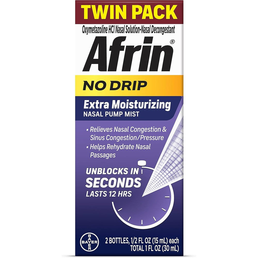 Afrin No Drip Extra Moisturizing Nasal Mist Twin Pack front view showing two pump mist bottles.