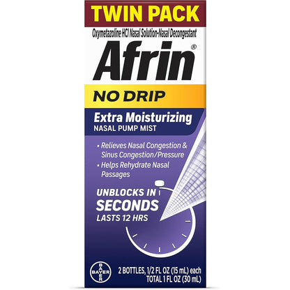 Afrin No Drip Extra Moisturizing Nasal Mist Twin Pack front view showing two pump mist bottles.