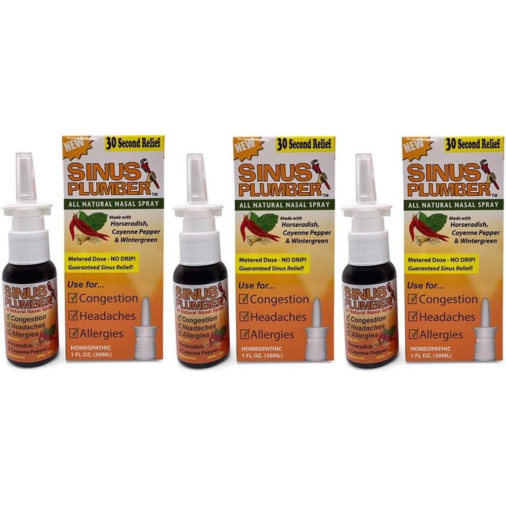 Sinus Plumber Natural Saline Nasal Spray three pack front view for sinus relief
