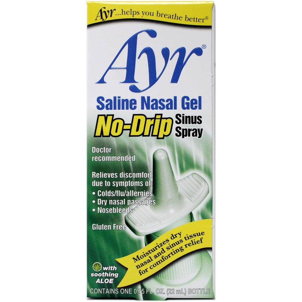 Ayr Saline Nasal Gel No Drip Sinus Spray front view bottle for dry nose relief