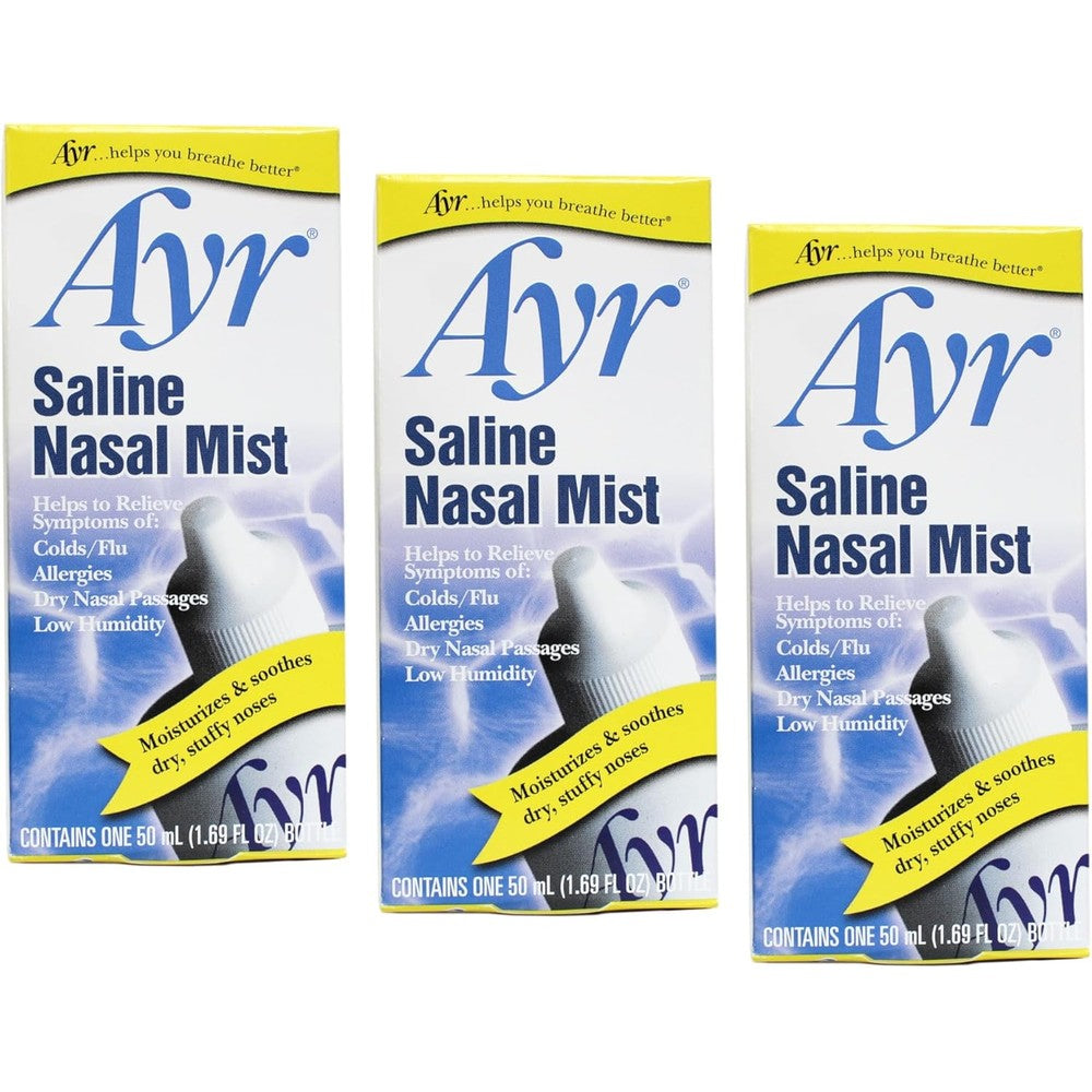 Ayr Saline Nasal Mist front view pack of three for dry nasal passages