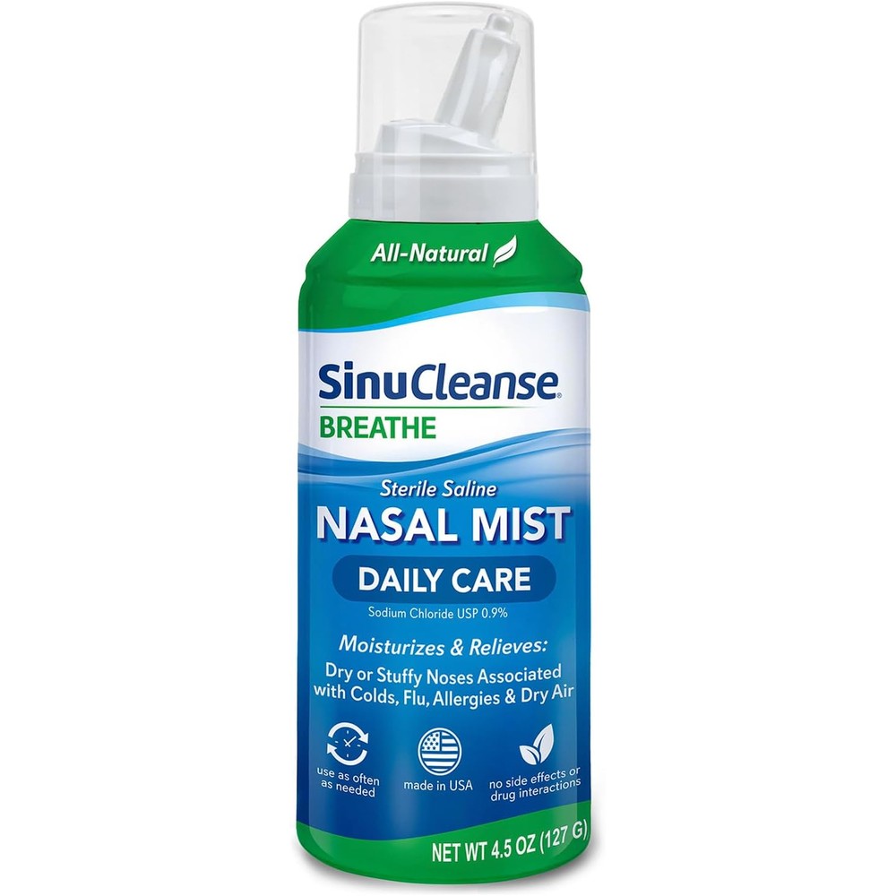 SinuCleanse Daily Care Sterile Saline Nasal Spray front view bottle for natural congestion relief