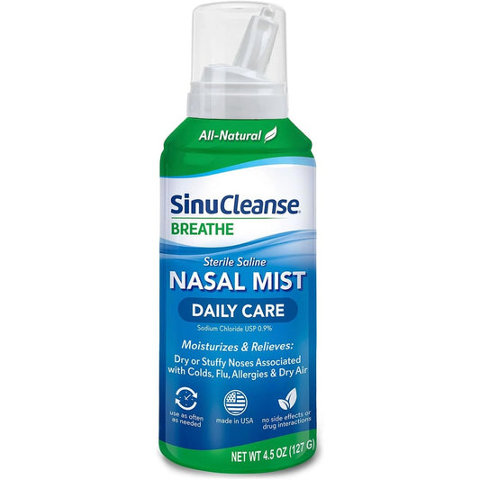 SinuCleanse Daily Care Sterile Saline Nasal Spray front view bottle for natural congestion relief