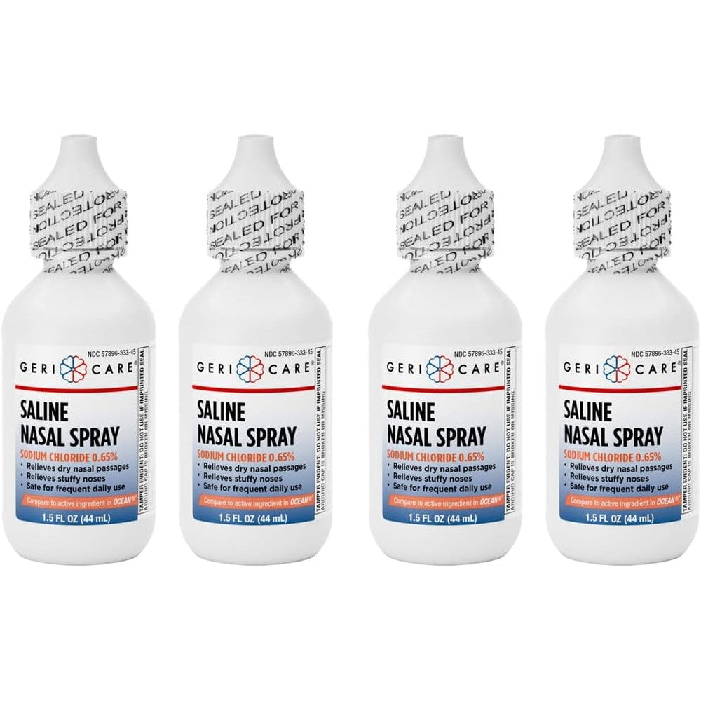 GeriCare Saline Nasal Spray front view of the moisturizing formula bottle.