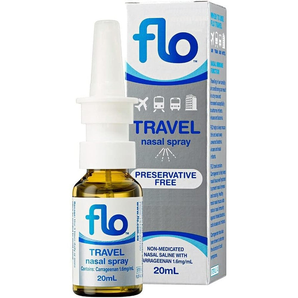 FLO Travel Nasal Spray 20 Milliliters front view packaging for premium imported nasal hydration solution