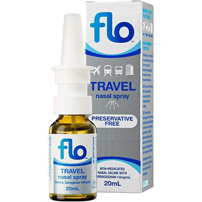 FLO Travel Nasal Spray 20 Milliliters front view packaging for premium imported nasal hydration solution