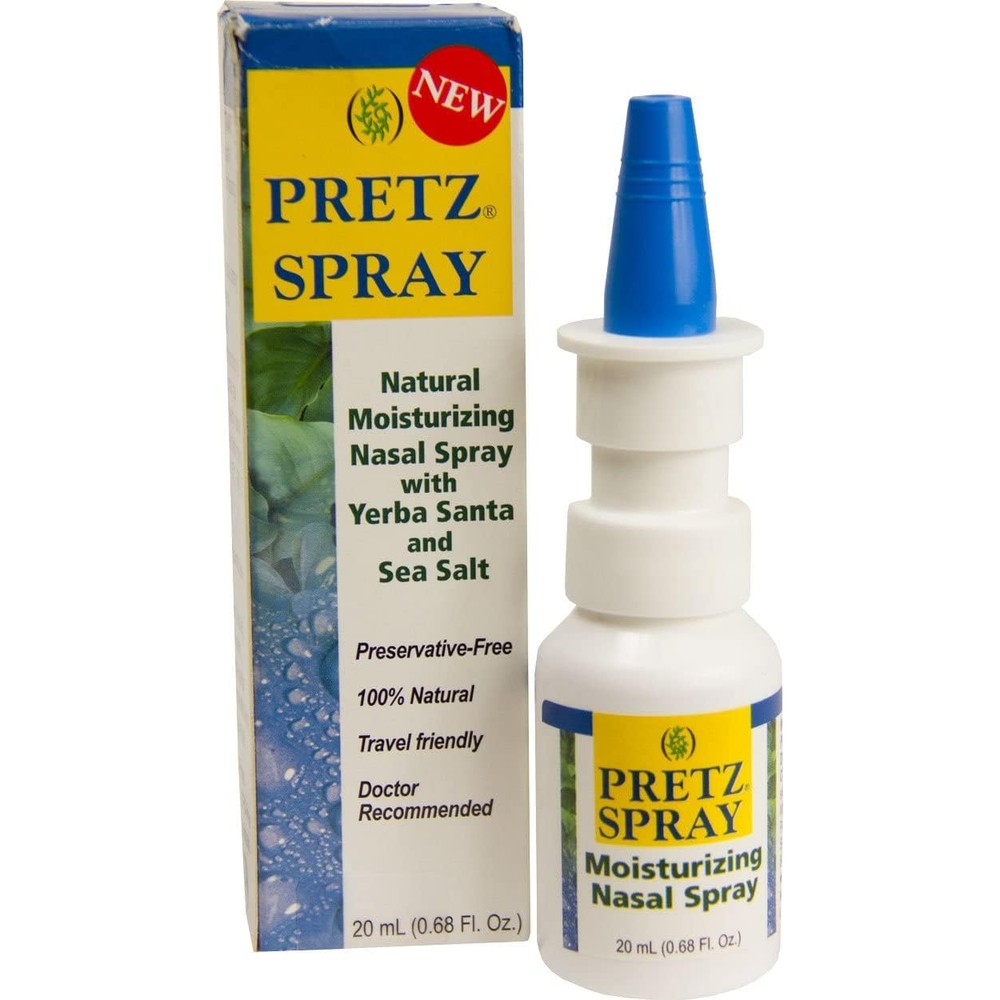 Pretz Natural Moisturizing Nasal Spray front view package showing three bottles of natural nasal relief solution.