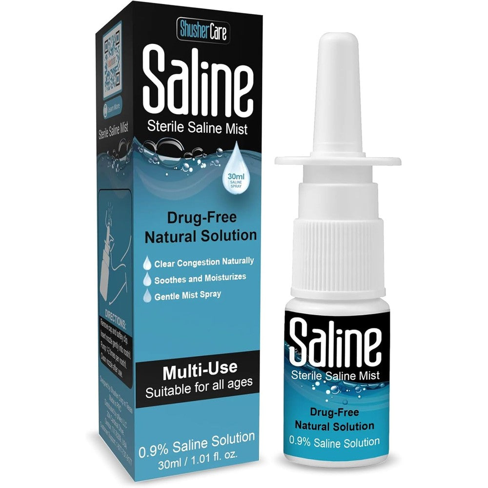 Shusher Care Saline Spray for Nose front packaging view authentic USA import nasal mist