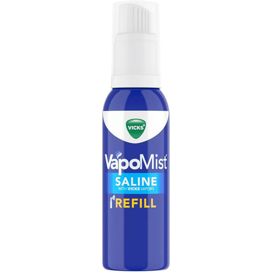 Vicks VapoMist Saline Refill front view packaging for fast congestion relief.