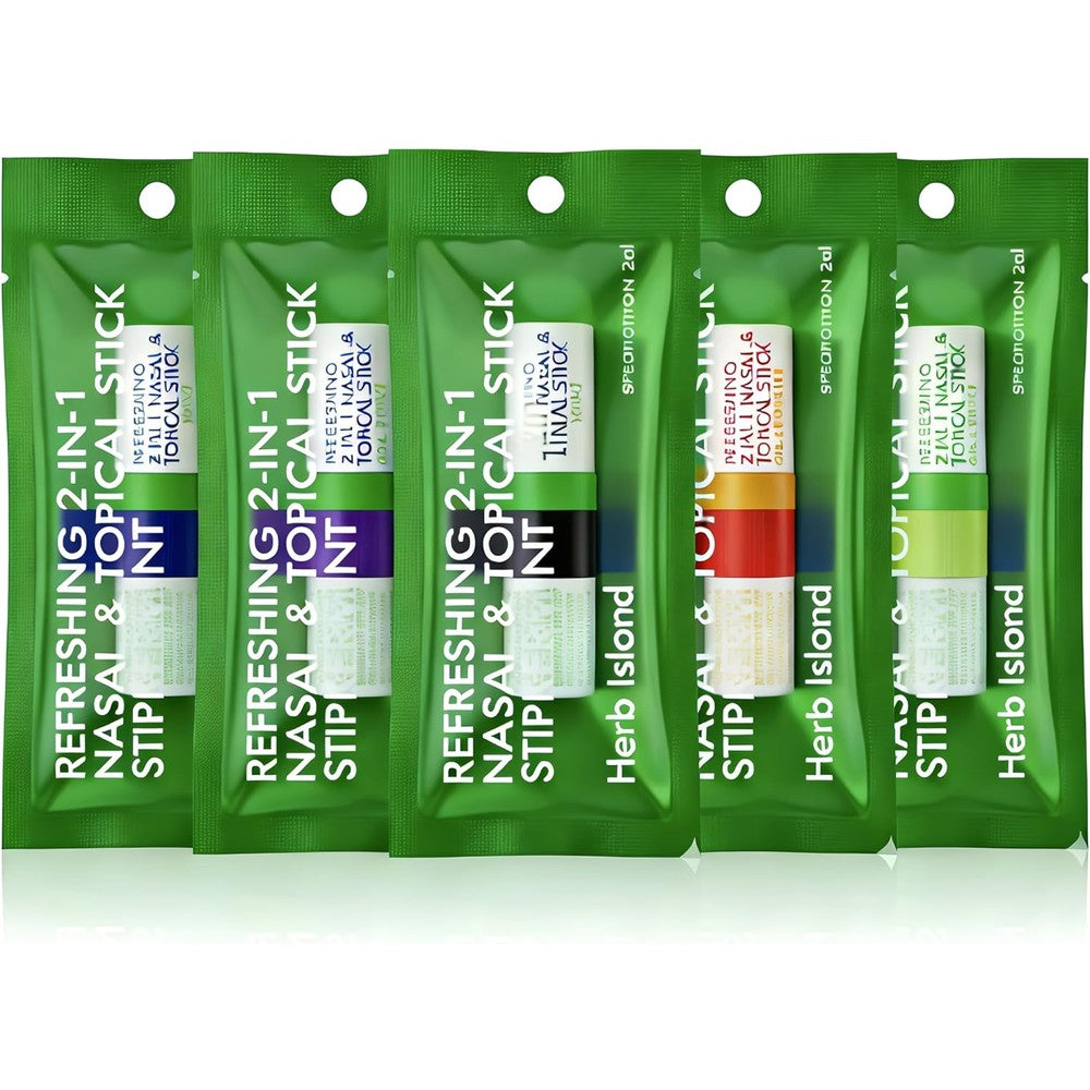 Herb Island 2 in 1 Nasal Stick Inhaler 5 Pack front view showing assorted aromatherapy sticks.