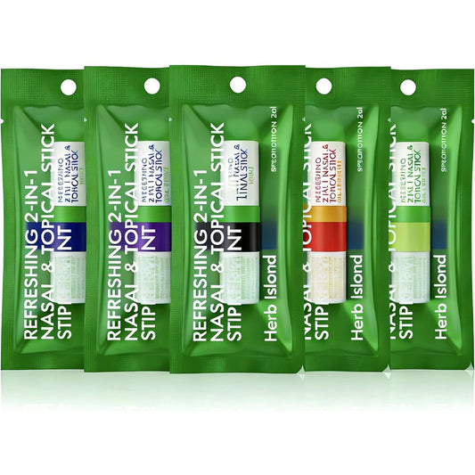 Herb Island 2 in 1 Nasal Stick Inhaler 5 Pack front view showing assorted aromatherapy sticks.