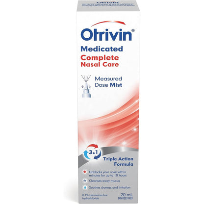 Otrivin Medicated Complete Nasal Care Spray 20ml front view for fast nasal congestion relief