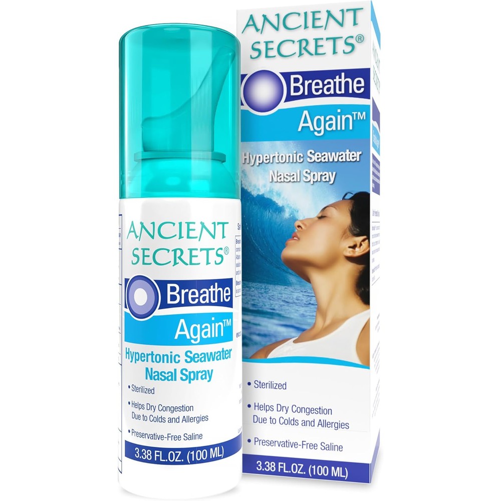 Ancient Secrets Breathe Again Hypertonic Seawater Nasal Spray front view for allergy relief