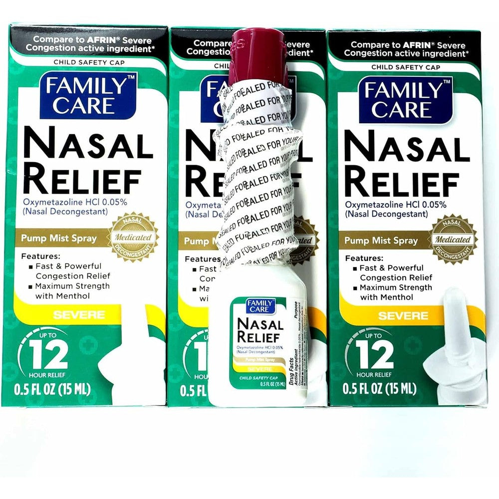 Assured Nasal Relief Spray three pack front packaging view for severe congestion relief.