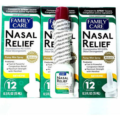 Assured Nasal Relief Spray three pack front packaging view for severe congestion relief.