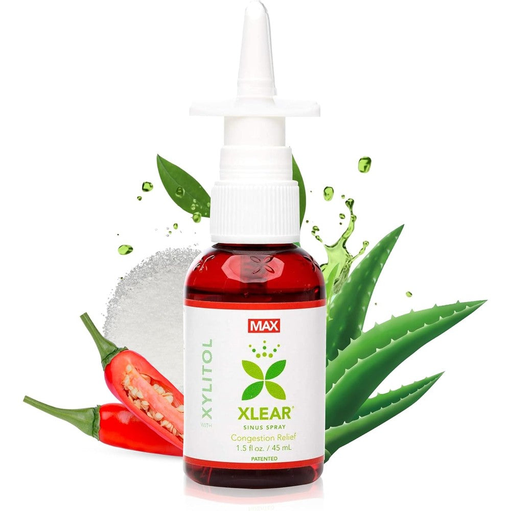 Xlear MAX Natural Xylitol Saline Nasal Spray front view of bottle for sinus congestion relief