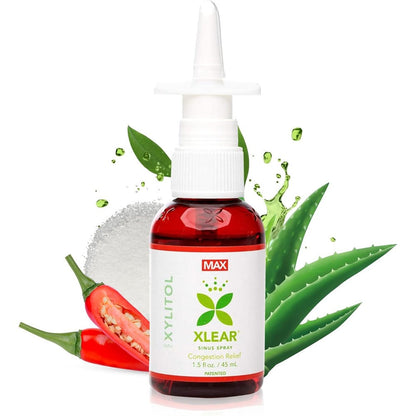 Xlear MAX Natural Xylitol Saline Nasal Spray front view of bottle for sinus congestion relief