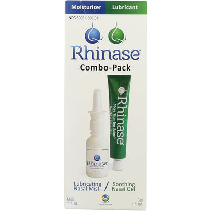 Rhinase Nasal Care Combo Pack front view showing the gel and saline spray bottles for dry nose relief.