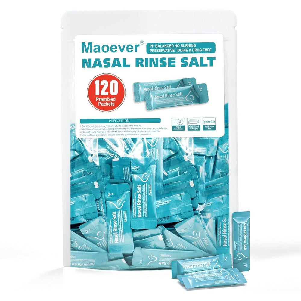 MAOEVER Saline Packets 120 count box front view for authentic nasal irrigation