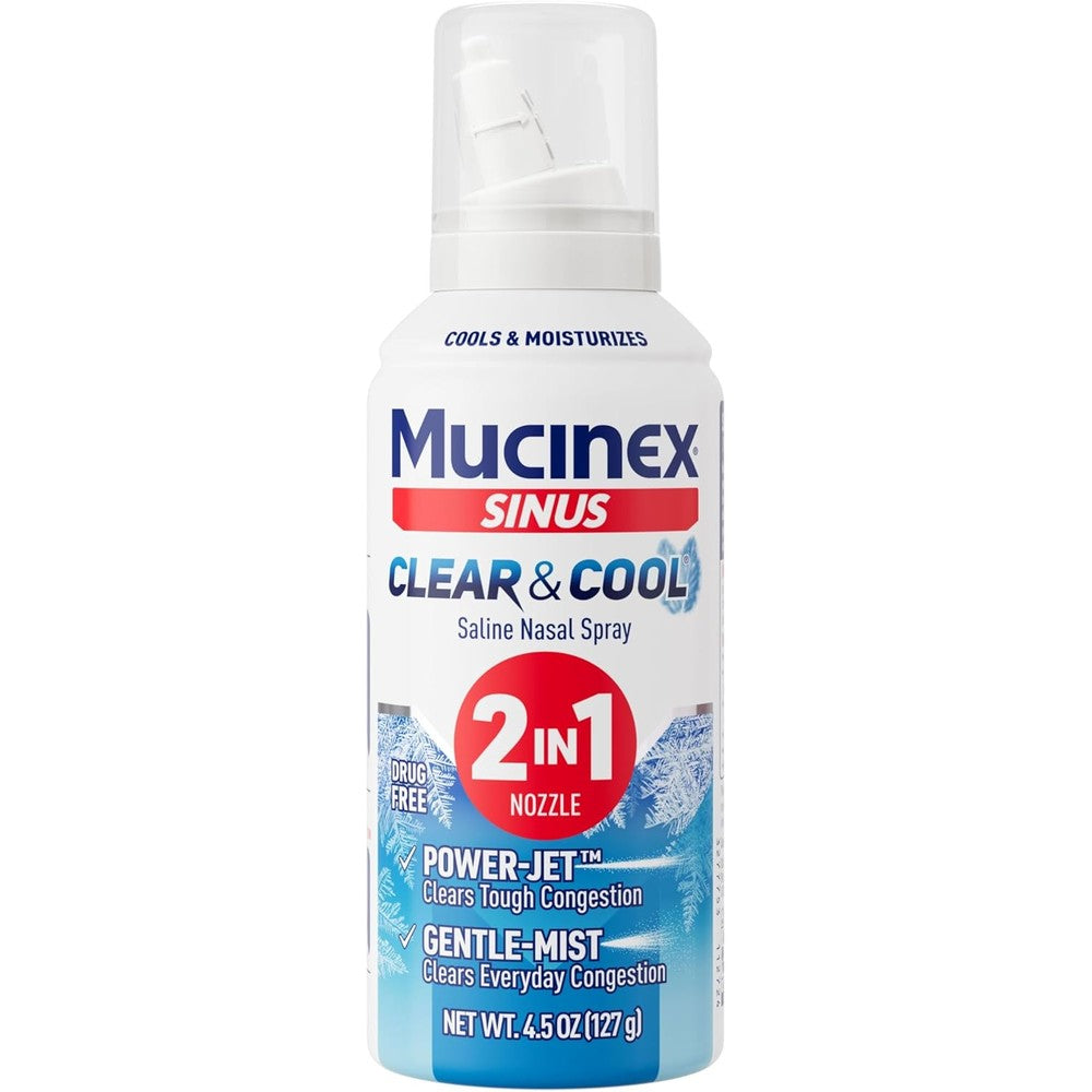 Mucinex Sinus Clear and Cool Saline Nasal Spray front view bottle for fast sinus congestion relief