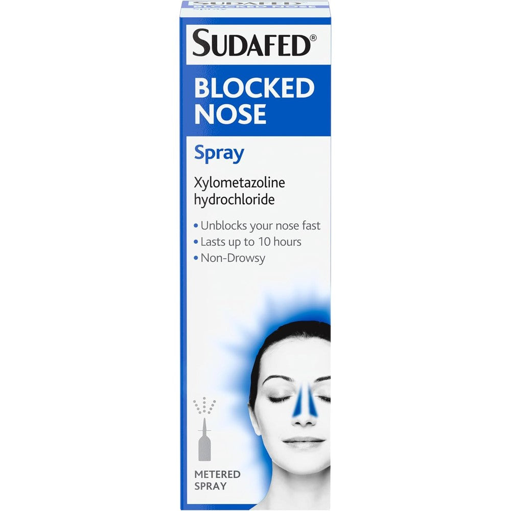 Sudafed Blocked Nose Nasal Decongestant Spray 15ml front view packaging for rapid congestion relief.
