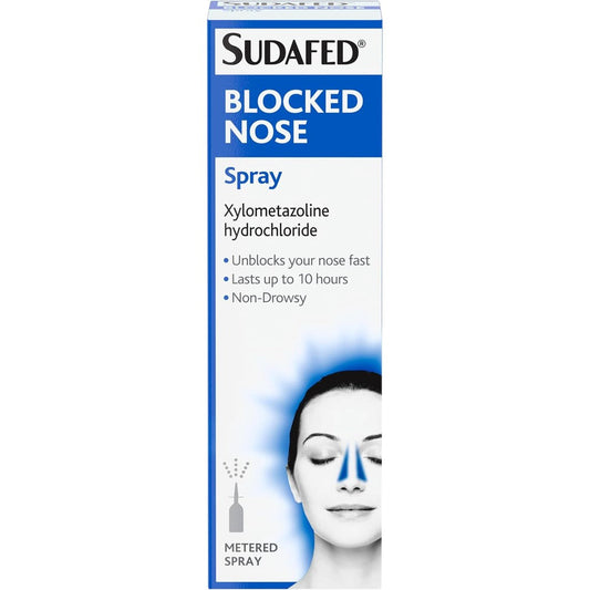 Sudafed Blocked Nose Nasal Decongestant Spray 15ml front view packaging for rapid congestion relief.