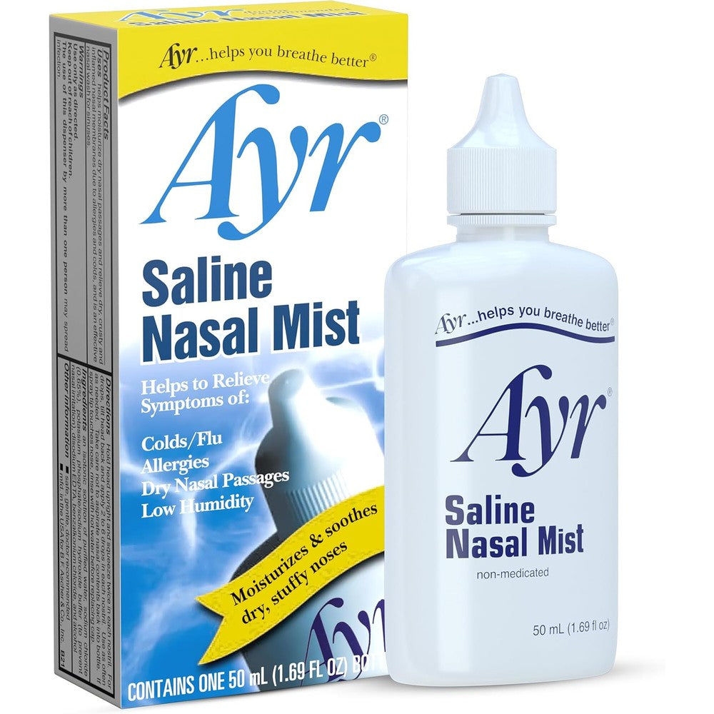 Ayr Saline Nasal Mist front view of the moisturizing spray bottle.