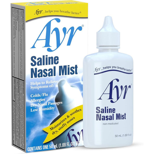Ayr Saline Nasal Mist front view of the moisturizing spray bottle.