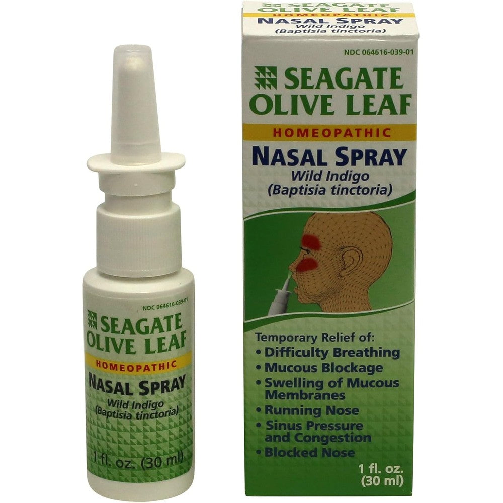 Seagate Products Homeopathic Olive Leaf Nasal Spray 1 Ounce front view bottle packaging for sinus relief