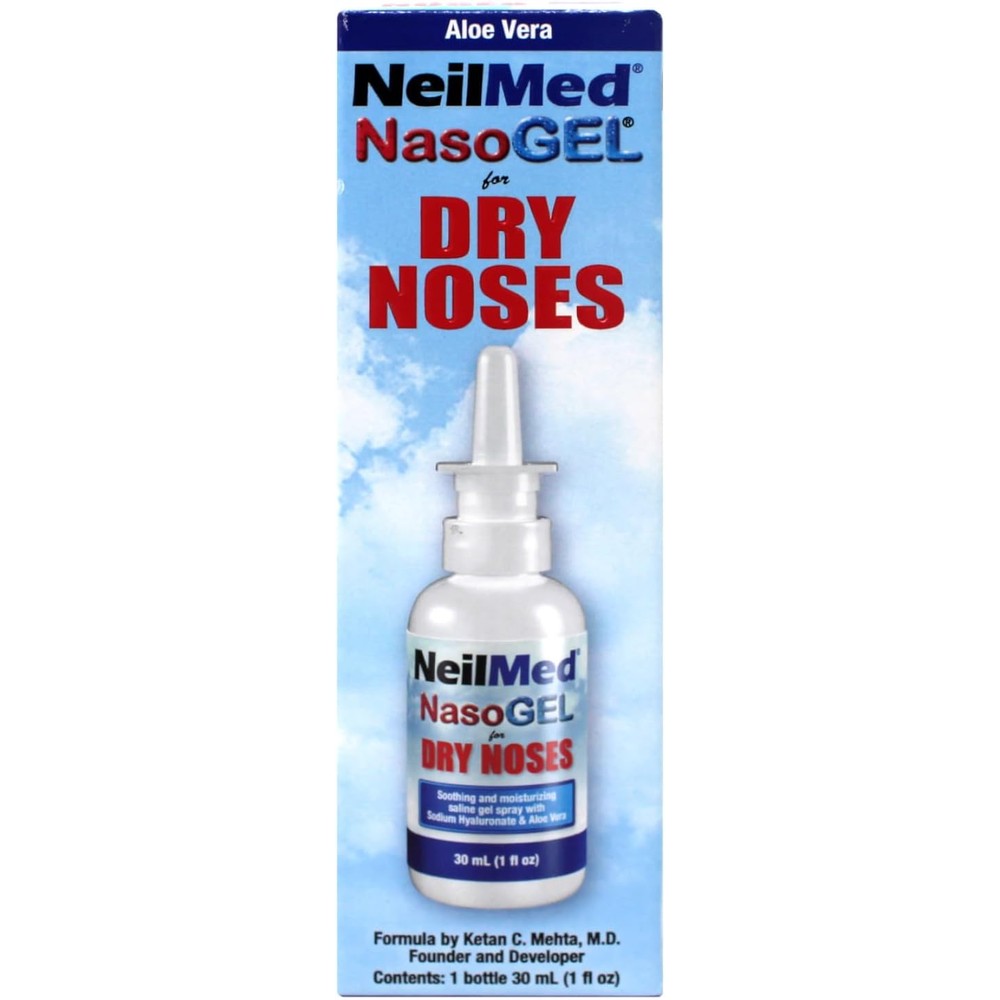 NeilMed NasoGel Drip-Free Nasal Spray front view of the one fluid ounce bottle for dry nose relief.