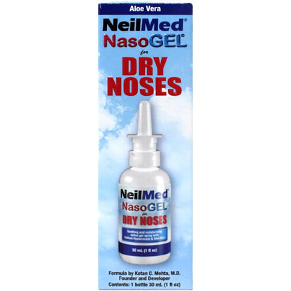 NeilMed NasoGel Drip-Free Nasal Spray front view of the one fluid ounce bottle for dry nose relief.