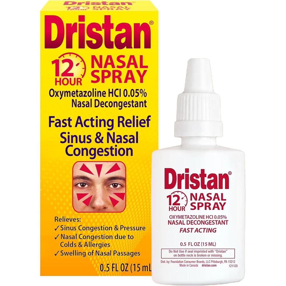 Dristan 12 Hour Nasal Spray front view showing packaging and fast acting congestion relief text