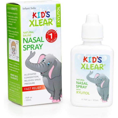 Xlear Natural Xylitol Saline Nasal Spray for Kids front view showing the elephant character packaging for pediatric congestion relief
