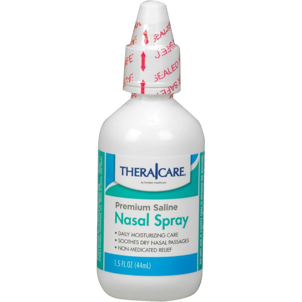 TheraCare premium saline nasal spray front view of the one point five fluid ounce bottle for family allergy relief