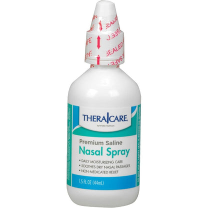 TheraCare premium saline nasal spray front view of the one point five fluid ounce bottle for family allergy relief