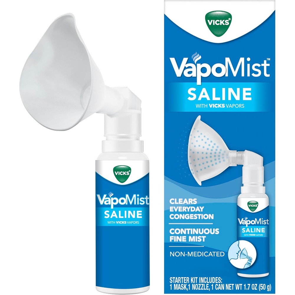 Vicks VapoMist Saline Starter Kit front view showing the aerosol canister and reusable mask