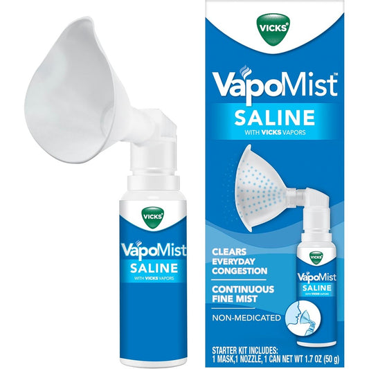 Vicks VapoMist Saline Starter Kit front view showing the aerosol canister and reusable mask