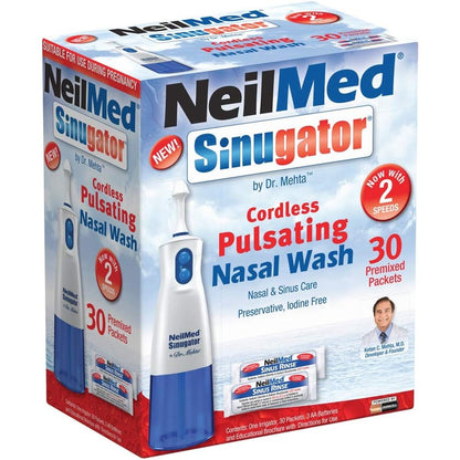 NeilMed Sinugator cordless pulsating nasal wash kit front view showing irrigator unit and saline packets
