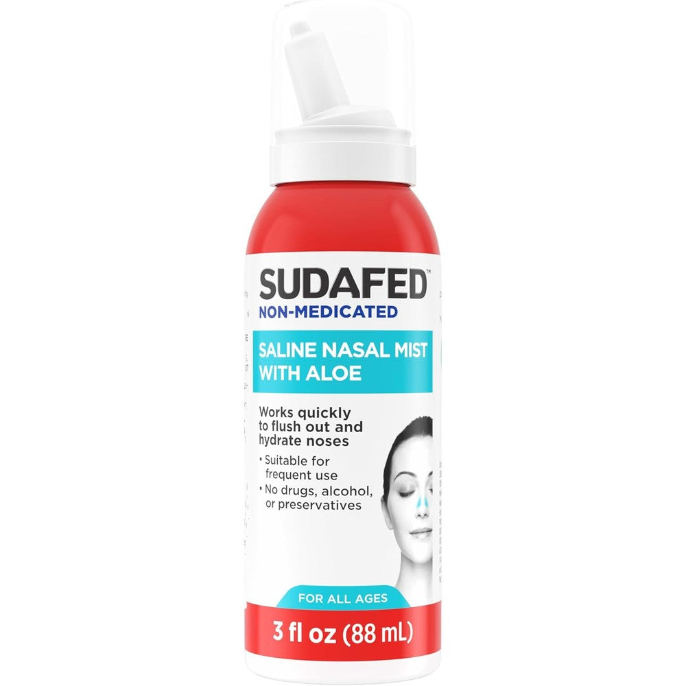 Sudafed non medicated saline nasal mist with aloe front view for sinus relief