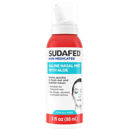 Sudafed non medicated saline nasal mist with aloe front view for sinus relief