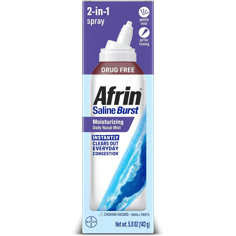Afrin Saline Burst Moisturizing Daily Nasal Mist front view showing five ounce bottle packaging.