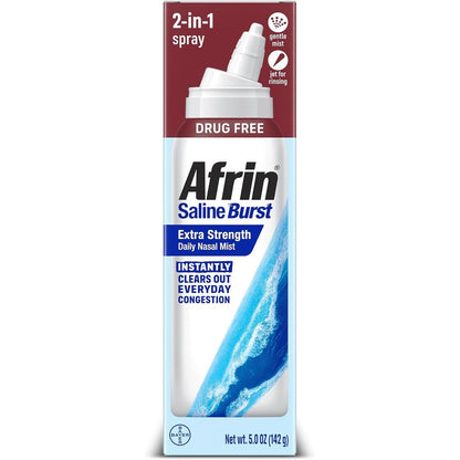 Afrin Saline Burst Extra Strength Daily Nasal Mist front view bottle packaging for allergy relief