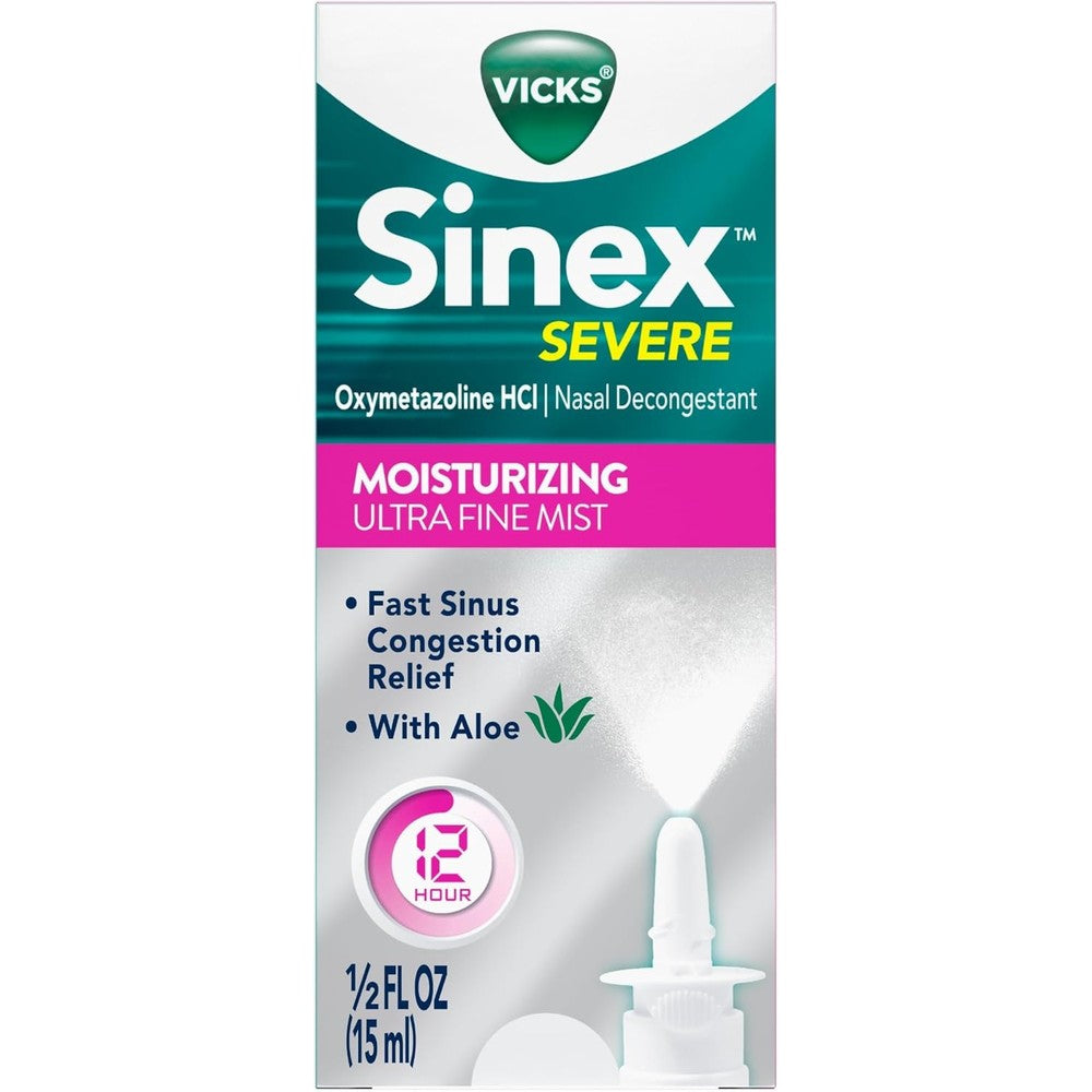 Vicks Sinex Severe Nasal Spray front view of the moisturizing ultra fine mist bottle for severe sinus pressure relief
